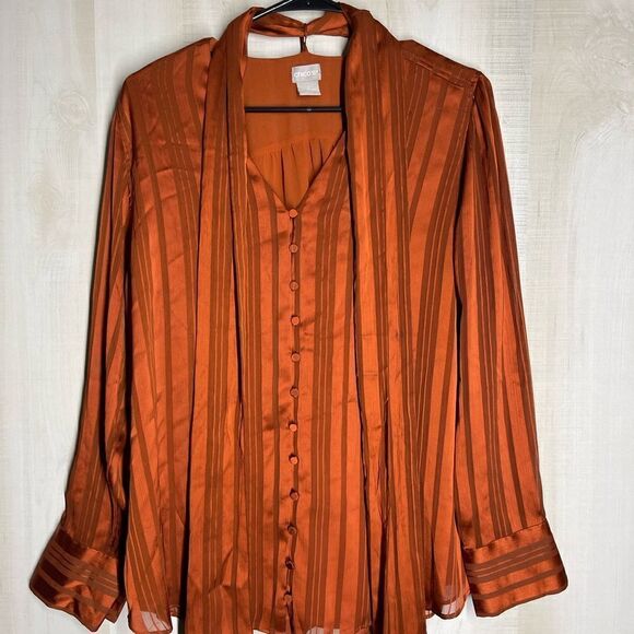 Chico’s rust color blouse‎ button front with scarf, size 2, size 12/14. - Picture 11 of 16